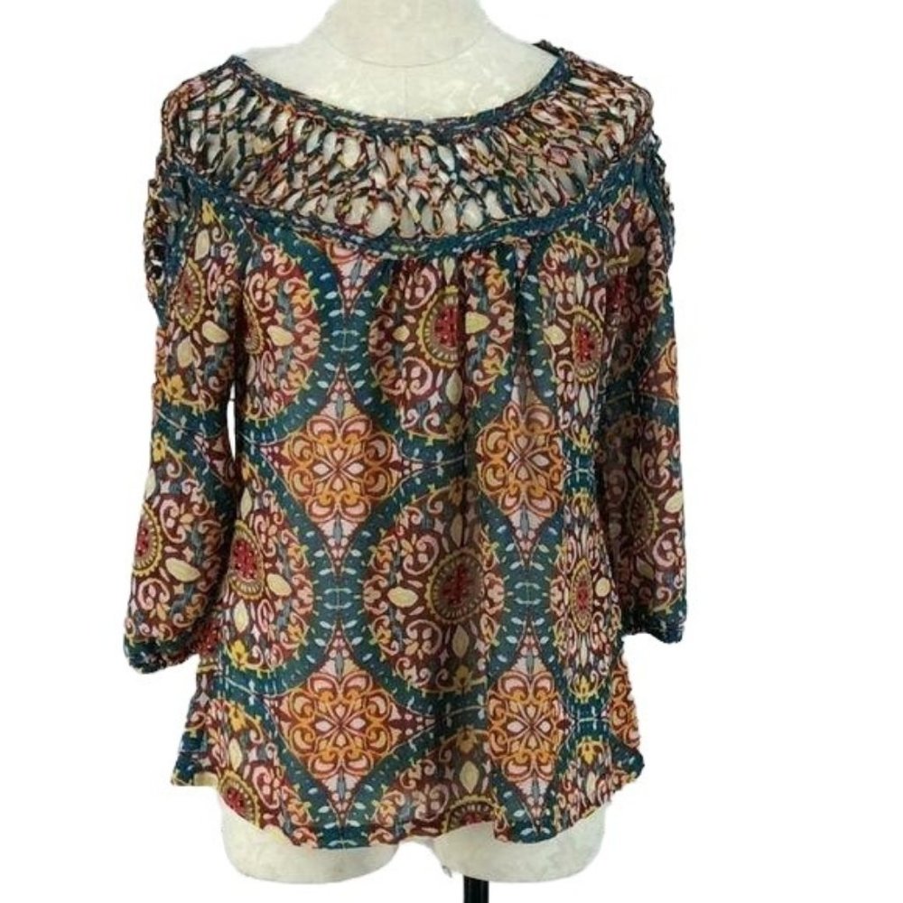 Umgee‎ Anthropologie Women's Boho Macrame Yoke Blouse Small